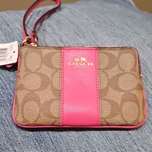 Coach Signature Canvas Wristlet with Pink Accent